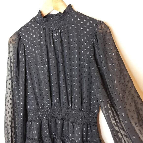 Express Black Chiffon Tiered Mini Dress Long Sheer Sleeve - Picture 8 of 13